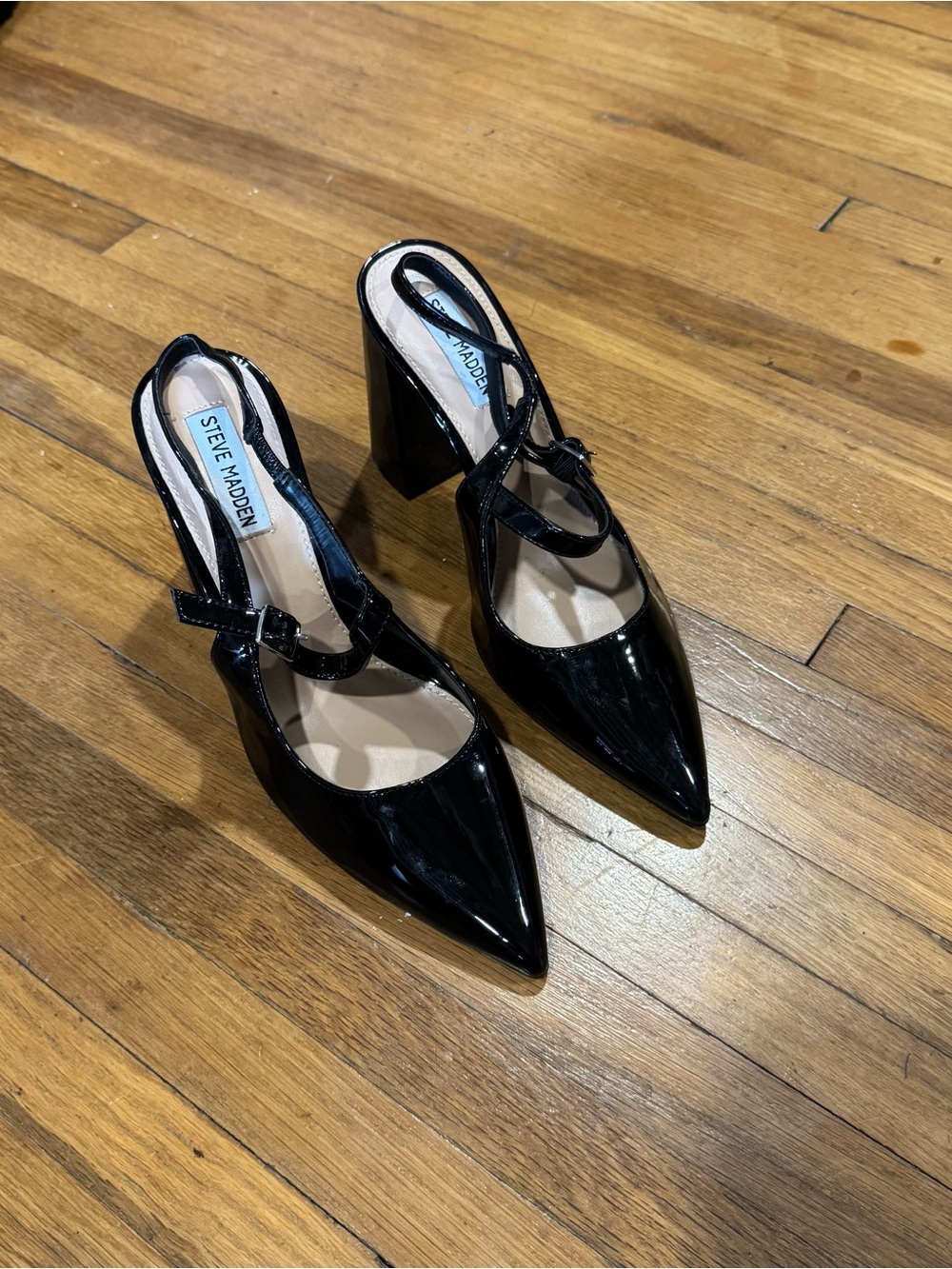 Steve Madden Maegan Black Patent Pointed Slingback Block Heels - Picture 7 of 9